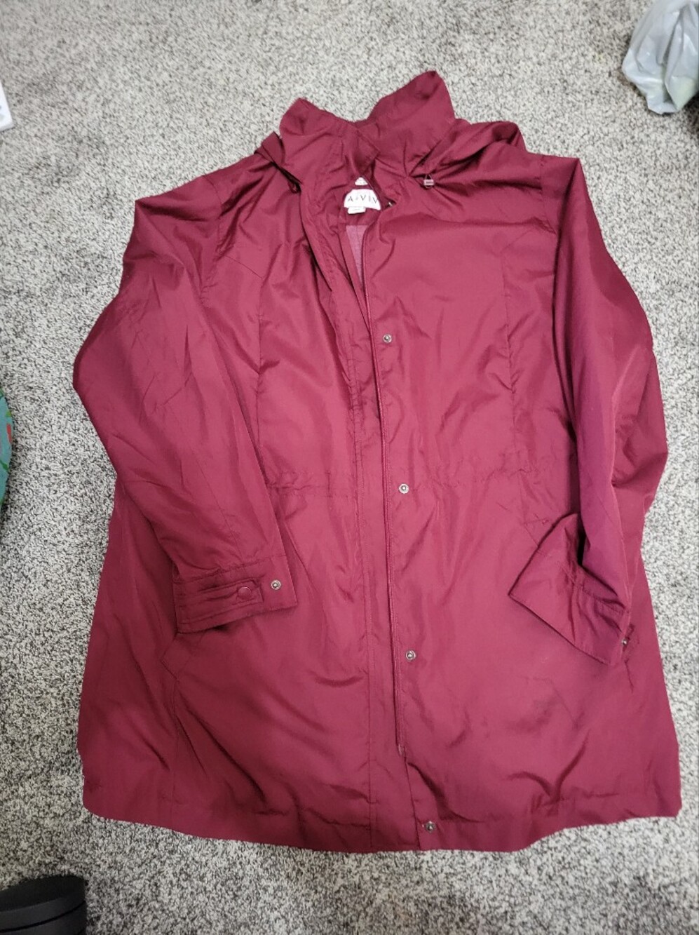 Ava & Viv Womens Lightweight Maroon Snap-Front Hooded Rain Jacket